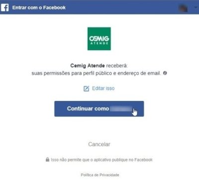 CEMIG Atende – Permitir acesso ao Facebook