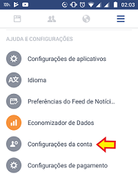 Configurações da conta do Facebook no App