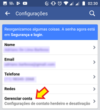 Gerenciamento de conta do Facebook pelo App