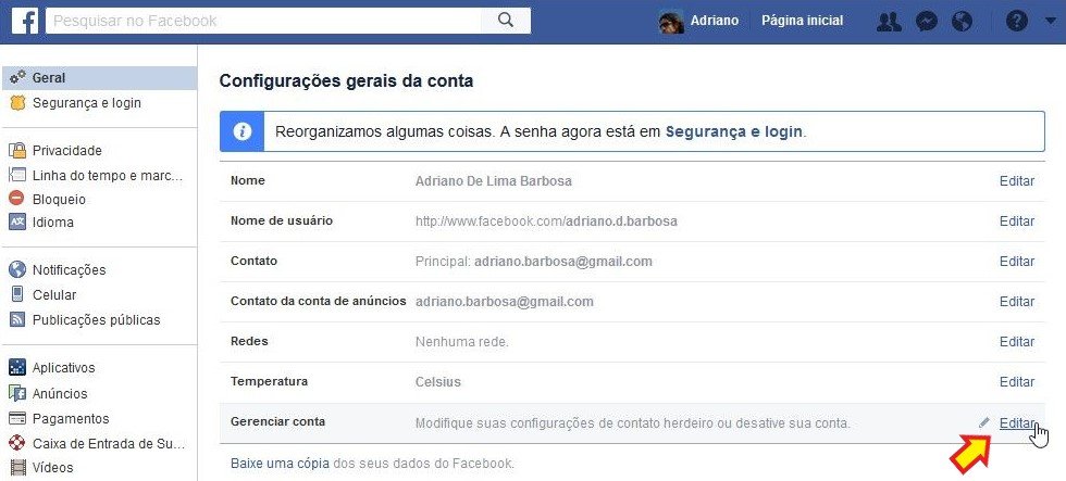 Configurações da conta do Facebook