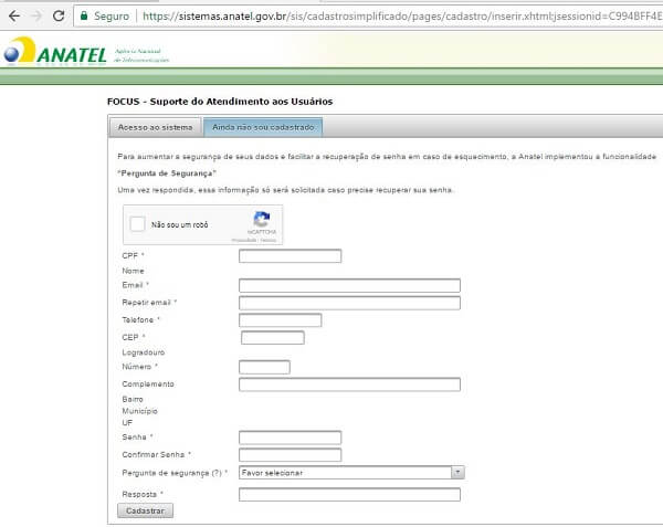 Cadastro usuário Anatel