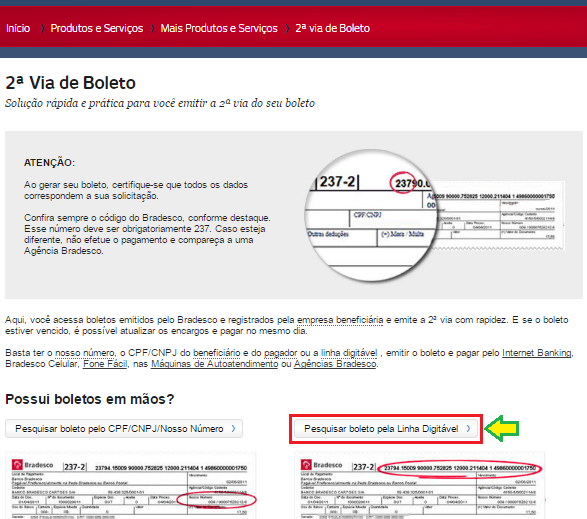 Atualização de boletos Bradesco pela linha digitável no site do Bradesco