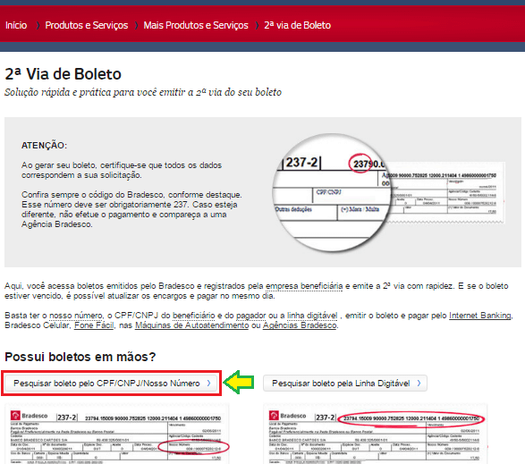 Atualização de boletos Bradesco pelo CPF/CNPJ e Nosso Número no site do Bradesco