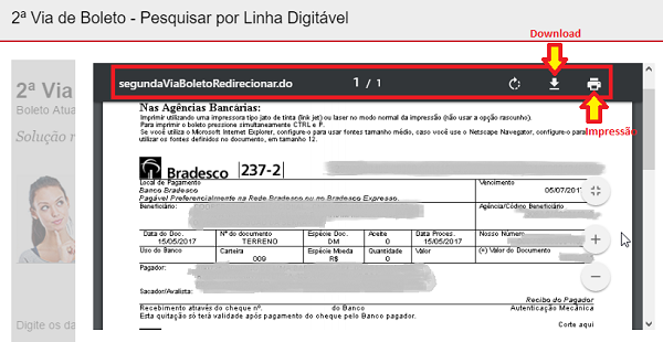 Segunda via de boleto gerada no site do Bradesco