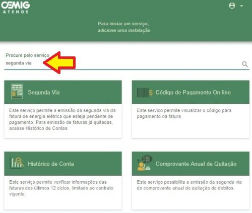 Agência virtual CEMIG – Filtro de serviços