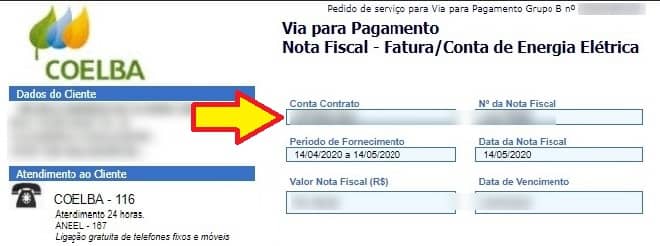 Número da conta contrato na fatura COELBA