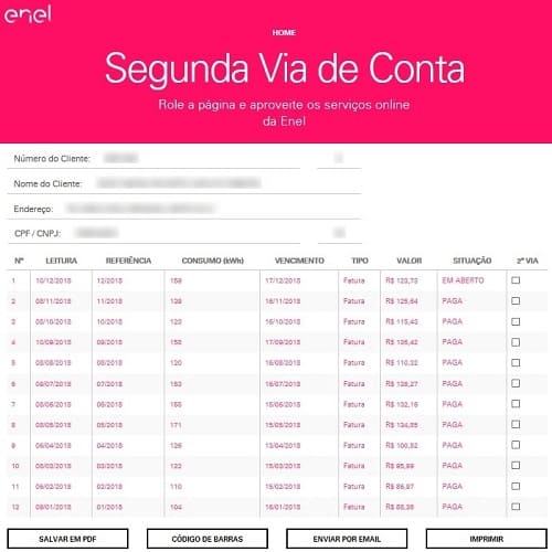 Enel CE – Lista de contas dos últimos 12 meses