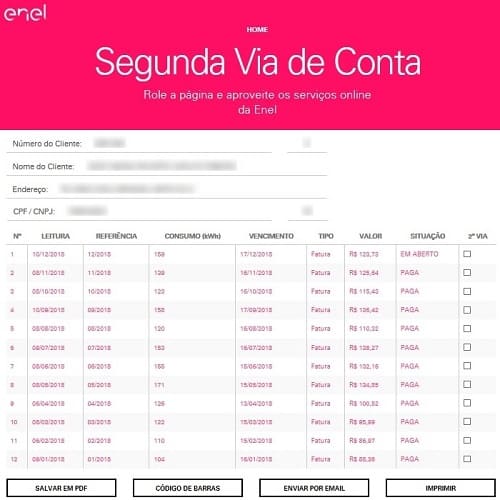 Enel RJ – Lista de contas dos últimos 12 meses