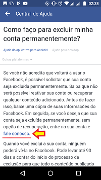 Link para exclusão de conta do Facebook pelo App