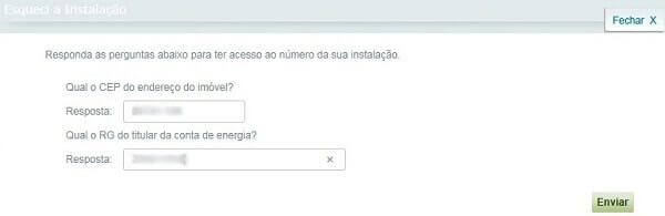 Esqueci o número da instalação – Perguntas para confirmar a identidade do titular