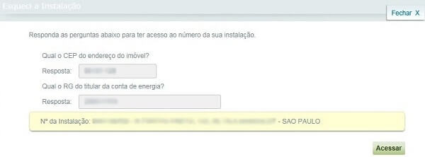 Esqueci o número da instalação – Resultado da consulta