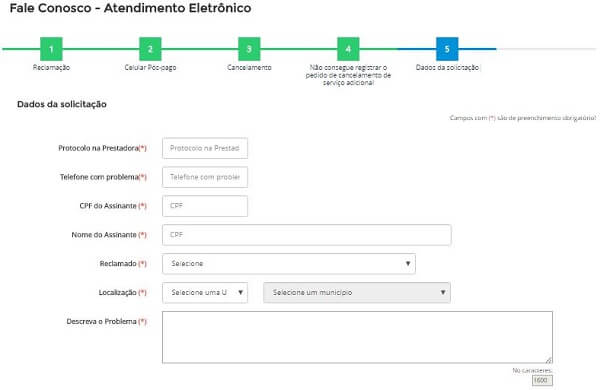 Formulario de reclamação Anatel