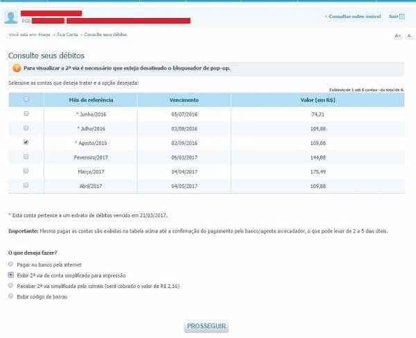 Agência virtual Sabesp – Lista de contas de água em aberto